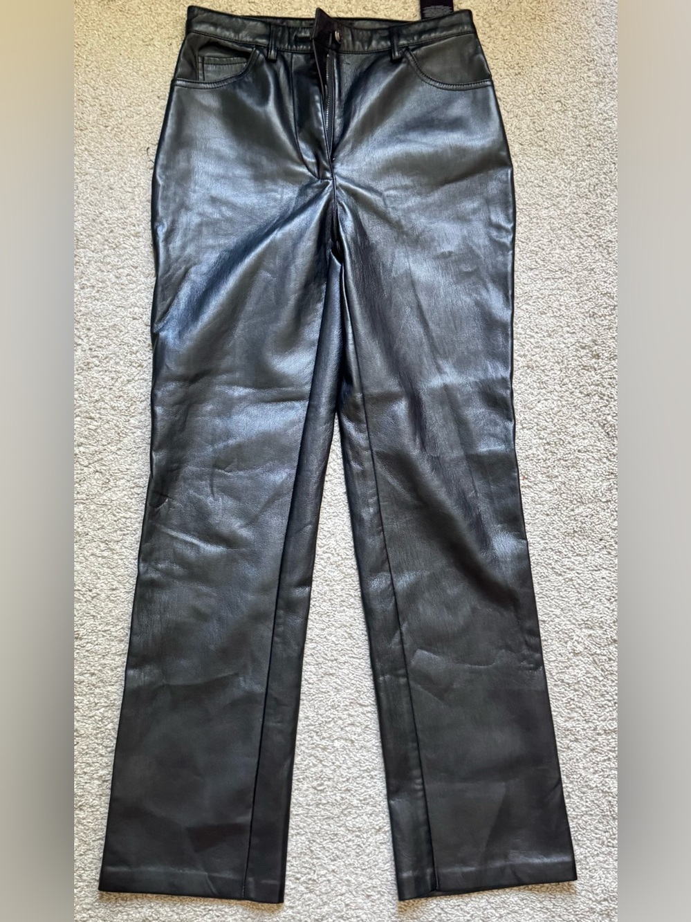 GUESS Women’s Black Faux Leather Straight Leg Pants Regular Fit, Pockets